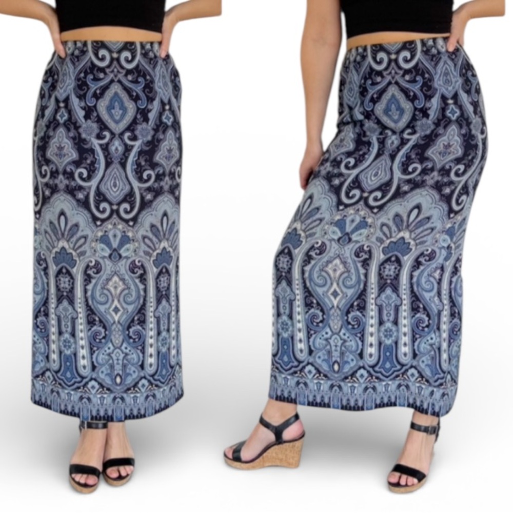 Vintage Talbots Pure Silk blue paisley print midi length skirt size 6